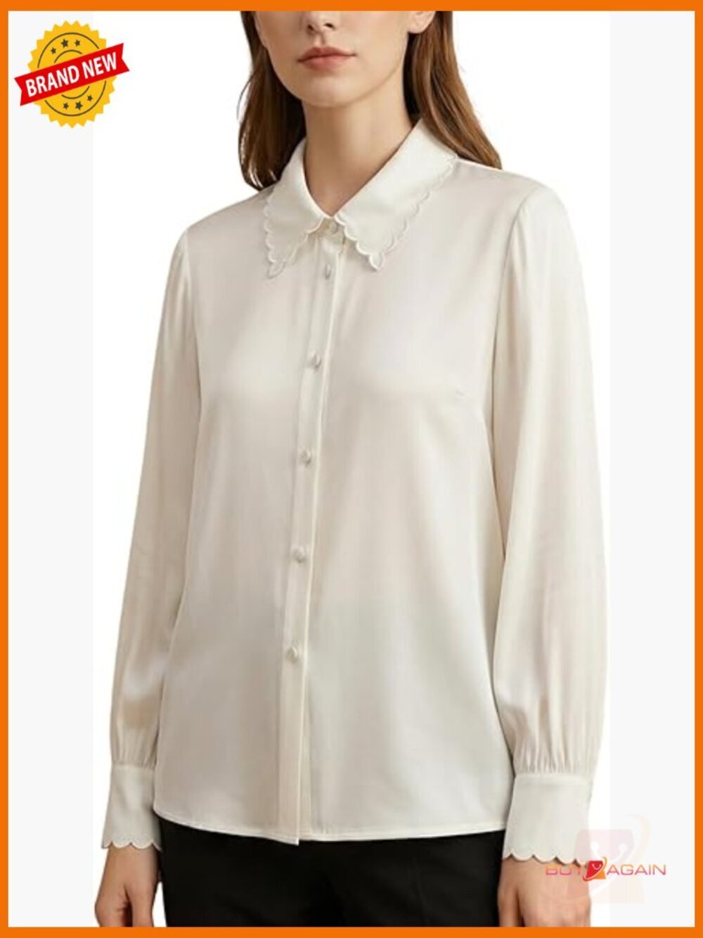 Silk Button Down Blouse Long Sleeve Scalloped Collar Work Top